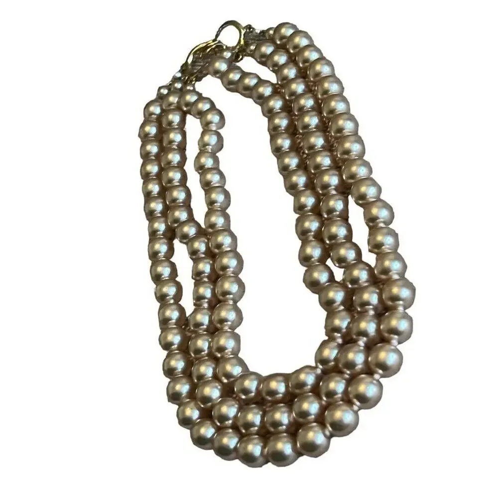 Vintage 3 Strand Faux Pearl Gold Tone Necklace Knotted 16